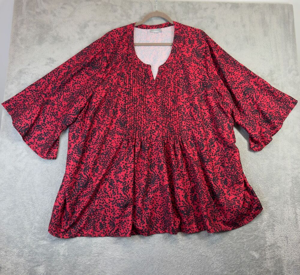 Catherines Shirt Womens 4X Red Flutter Sleeve Stretch Button Front Plus Size Top